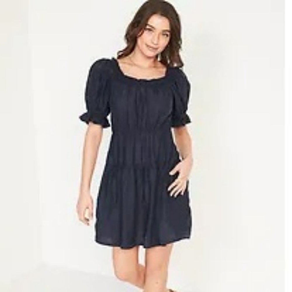 Old Navy Puff-Sleeve Tiered Smocked Embroidered Mini Swing Dress in Blue - Small